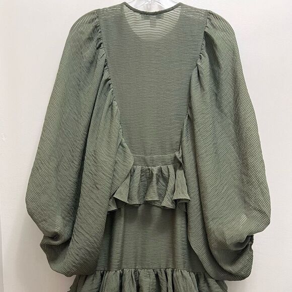 Shona Joy Charlotte Dress Draped Ruffle Balloon Sleeve in Khaki Size 4 - Picture 7 of 11